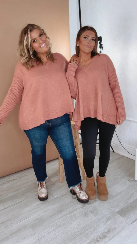 Seasonal Sale Cozy Up Ribbed Oversized V Neck Sweater, Mauve