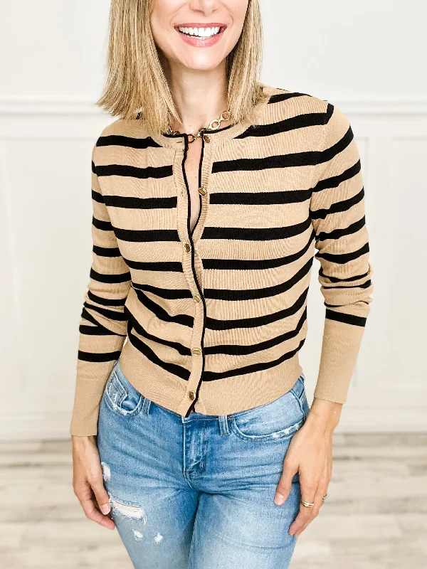 Special Buy Lightweight Striped Cardigan Top with Gold Buttons Closure
