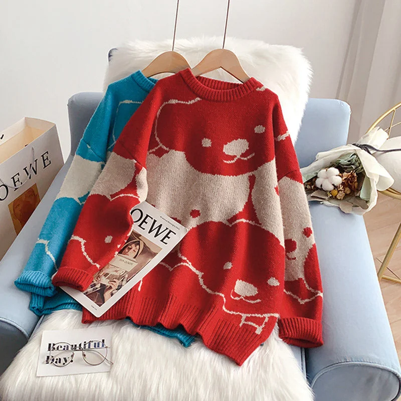 Weekend Deals to Make You Happy Cartoon Bear pattern loose lazy style sweater top  5133