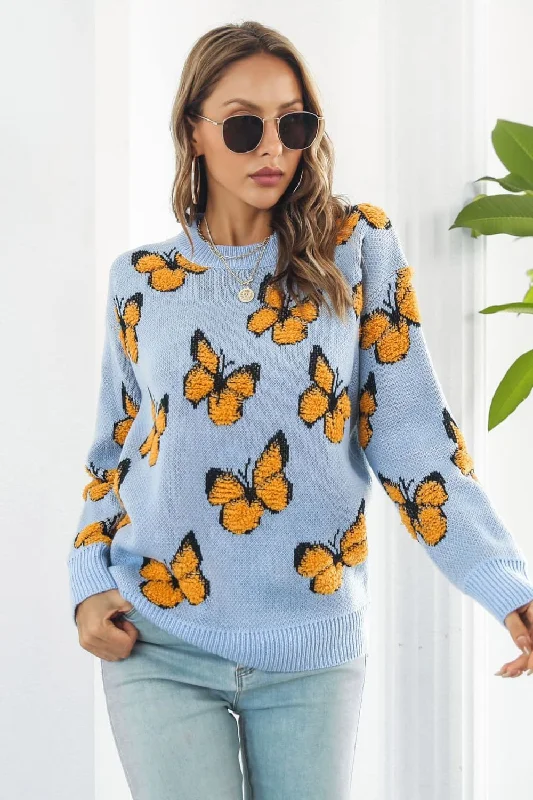 Limited Stock Butterfly Pattern Round Neck Dropped Shoulder Sweater