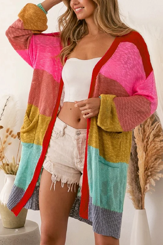 Discount Mania Color Block Open Front Cardigan with Pockets