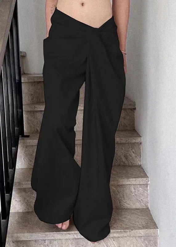 Final Markdown Black Solid Cotton Wide Leg Summer Pants Asymmetrical