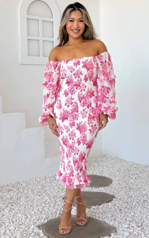 The Best Prices Oh Baby Shirred Midi Dress - Pink Floral