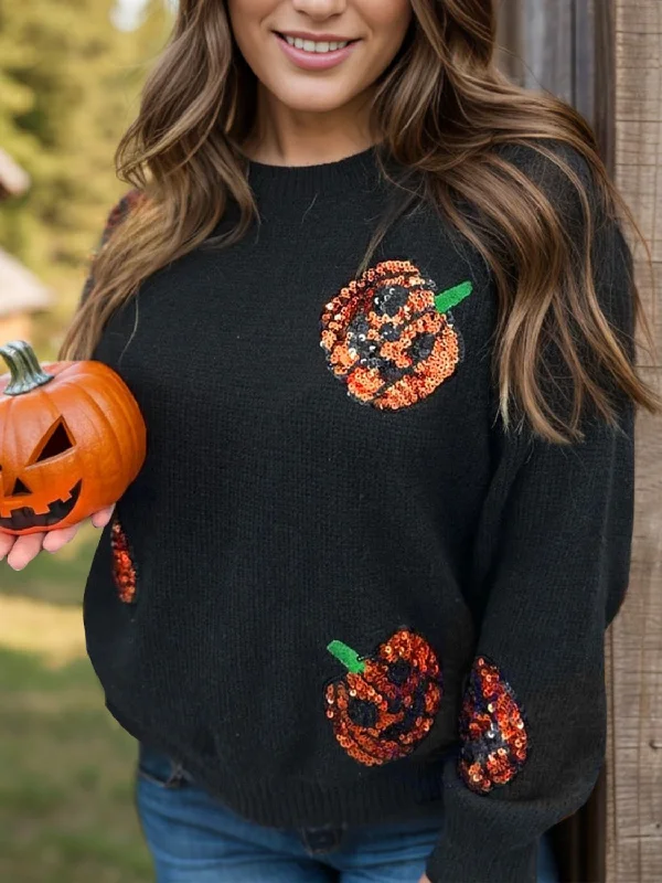 Half Price Plus Size Sequin Pumpkin Round Neck Sweater